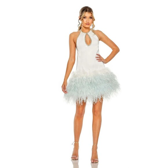 NEW MAC DUGGAL WOMEN'S WHITE 11437 HALTER BEADED CUT OUT FRINGE DRESS WHITE $688 - Picture 1 of 4
